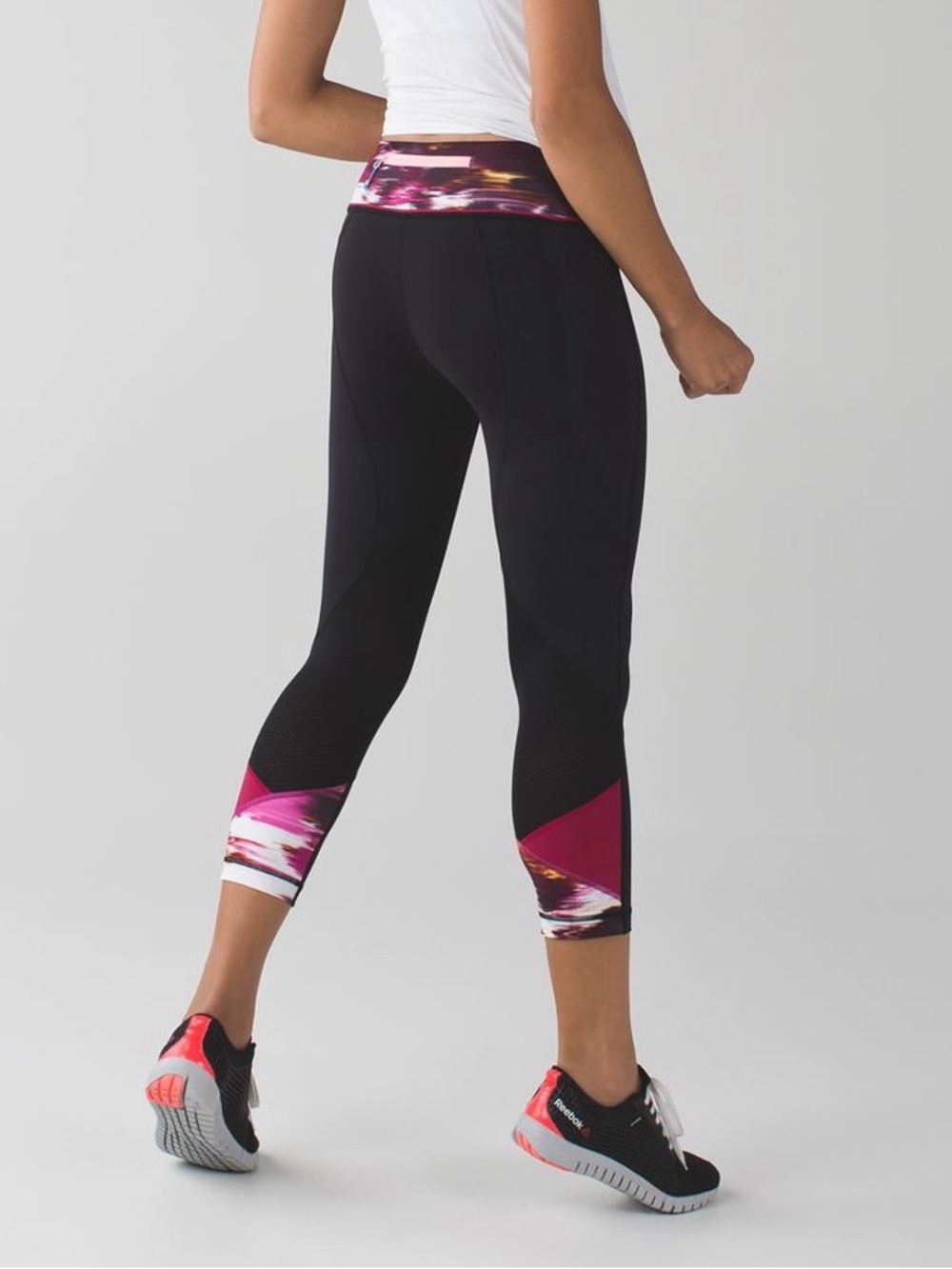 lululemon Pace Rival Crop Capri Leggings with Pink Patterned Waistband and Hem